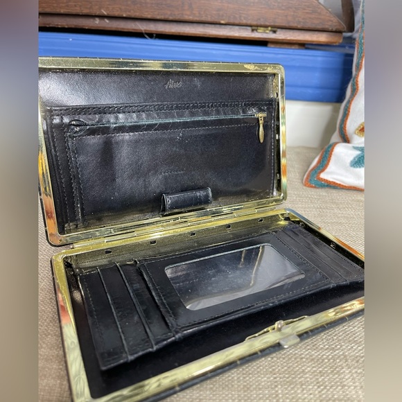 Abas Bags Abas Black Croc Leather Gold Tone Frame Clutch Wallet